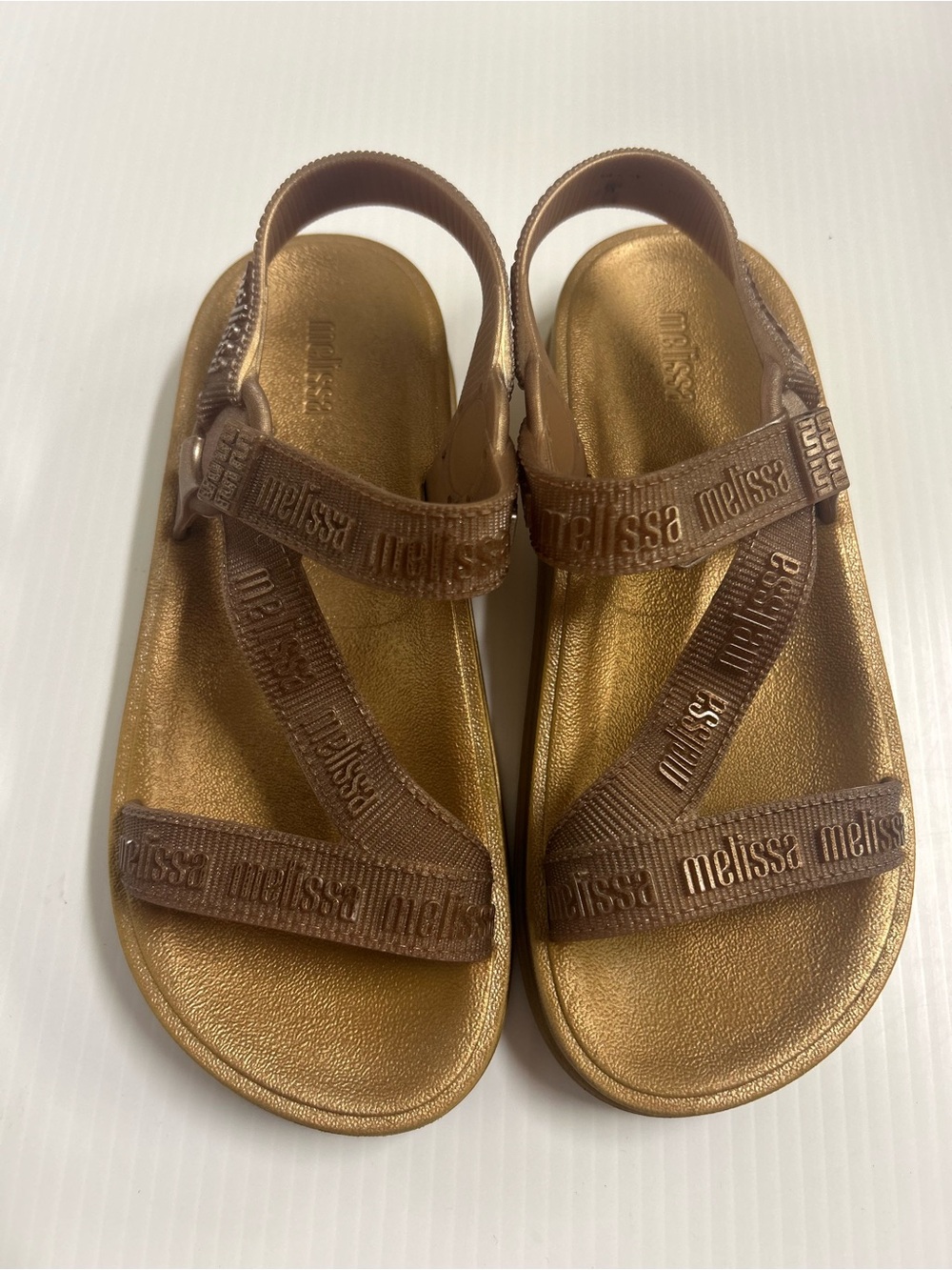 Melissa Stripes M-Lover Metallic Gold Allover Logo Sandals Size 6 HTF